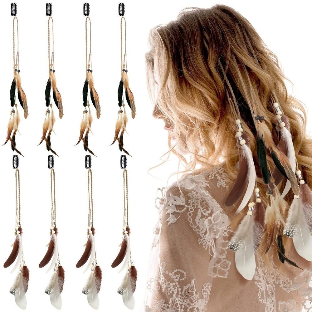 8 Pcs Feather Hair Clips Hippie Handmade Boho Hair Extensions with Feather Clip